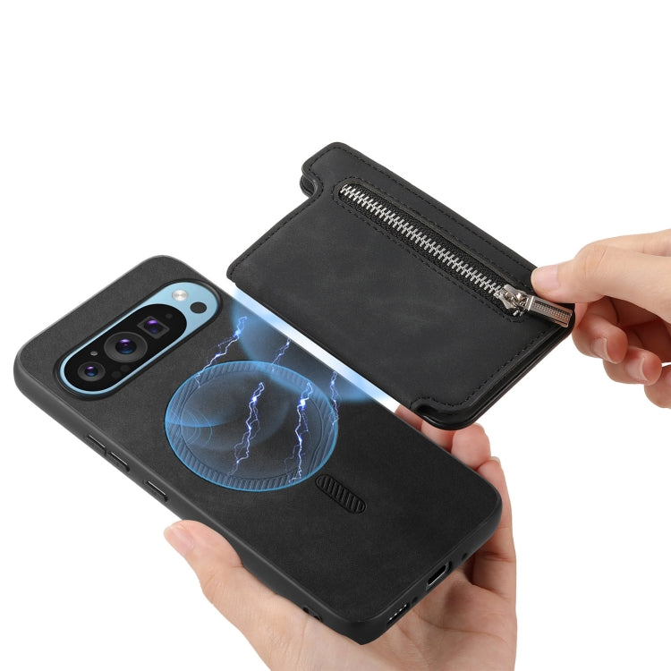 For Google Pixel 8a Retro MagSafe Zipper Wallet Card Bag Back Phone Case(Black)