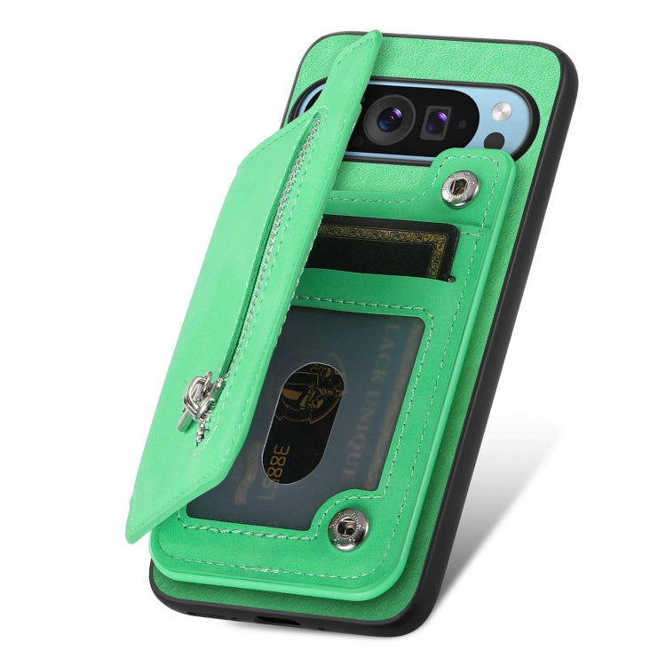 For Google Pixel 8 Retro MagSafe Zipper Wallet Card Bag Back Phone Case(Green)