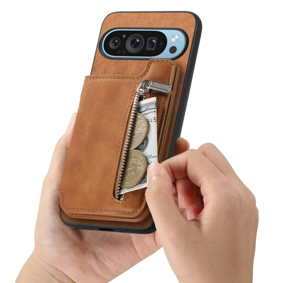 For Google Pixel 7a Retro MagSafe Zipper Wallet Card Bag Back Phone Case(Brown)