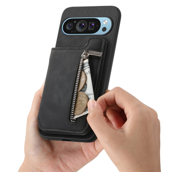 For Google Pixel 7a Retro MagSafe Zipper Wallet Card Bag Back Phone Case(Black)