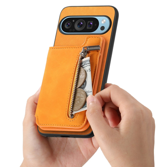 For Google Pixel 7 Pro Retro MagSafe Zipper Wallet Card Bag Back Phone Case(Yellow)