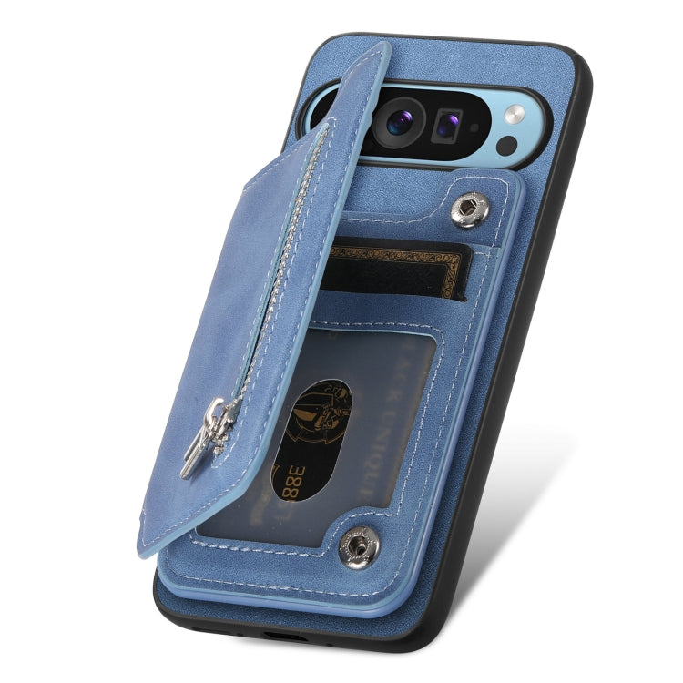 For Google Pixel 7 Pro Retro MagSafe Zipper Wallet Card Bag Back Phone Case(Blue)