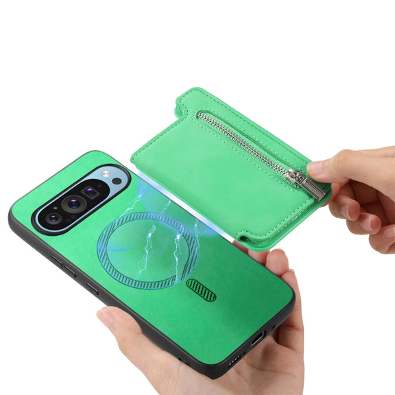For Google Pixel 7 Retro MagSafe Zipper Wallet Card Bag Back Phone Case(Green)