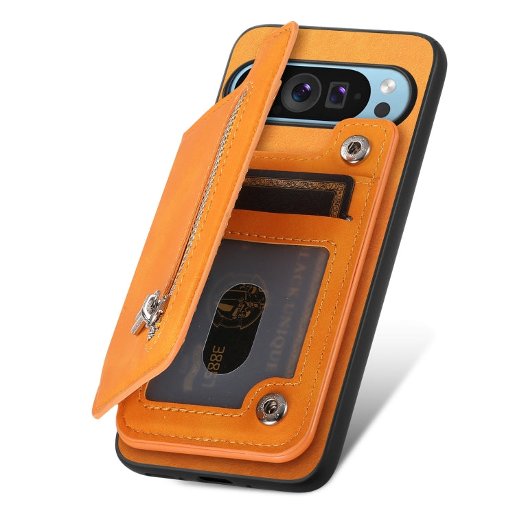 For Google Pixel 9 / 9 Pro Retro MagSafe Zipper Wallet Card Bag Back Phone Case(Yellow)