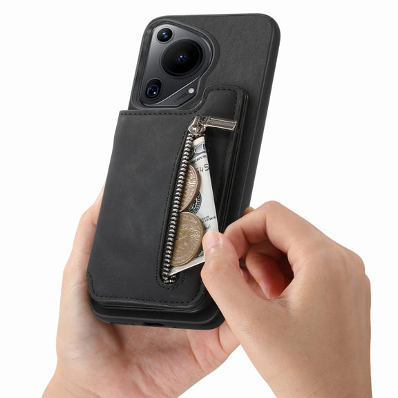 For Huawei Pura 70 Pro+ Retro MagSafe Zipper Wallet Card Bag Back Phone Case(Black)