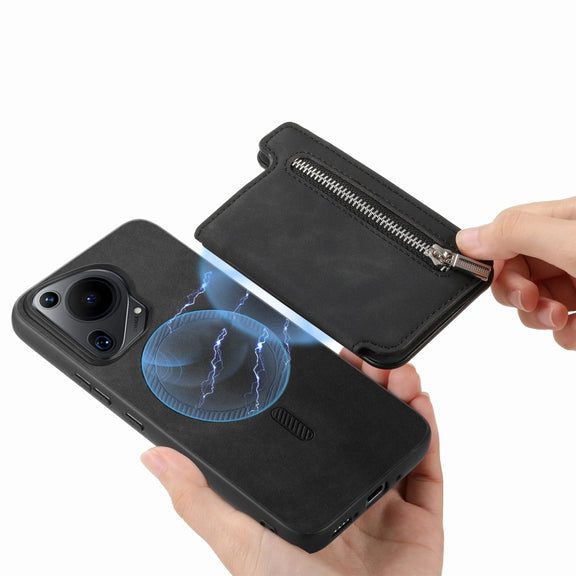 For Huawei Pura 70 Pro+ Retro MagSafe Zipper Wallet Card Bag Back Phone Case(Black)
