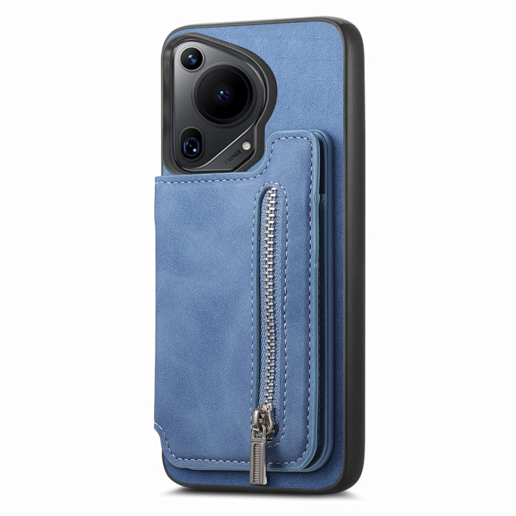 For Huawei Pura 70 Retro MagSafe Zipper Wallet Card Bag Back Phone Case(Blue)