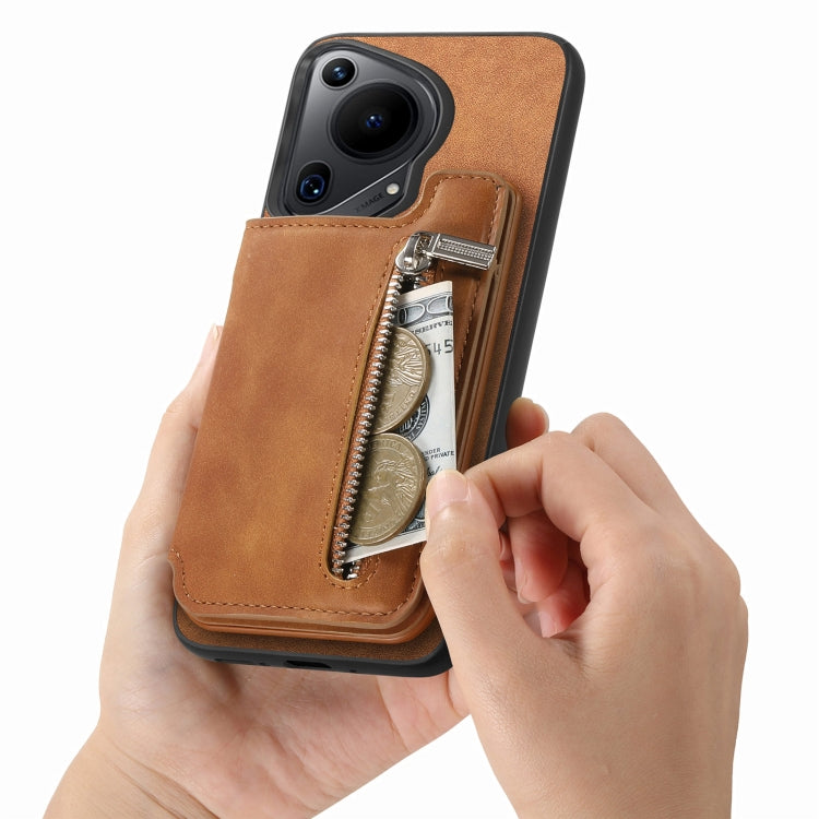 For Huawei Pura 70 Retro MagSafe Zipper Wallet Card Bag Back Phone Case(Brown)