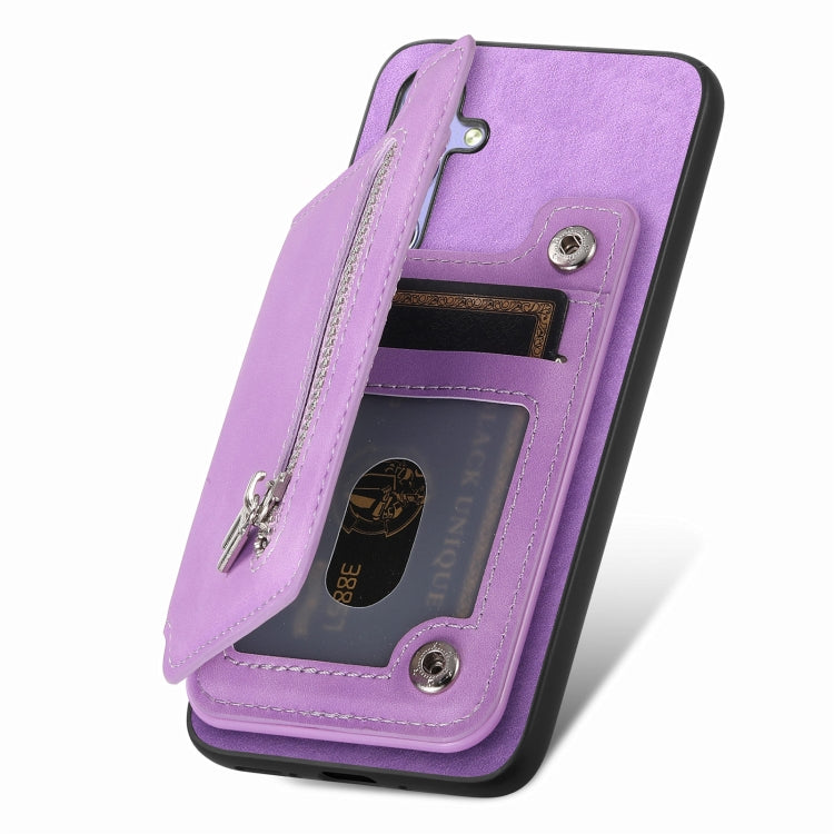 For Honor 100 Pro Retro MagSafe Zipper Wallet Card Bag Back Phone Case(Purple)