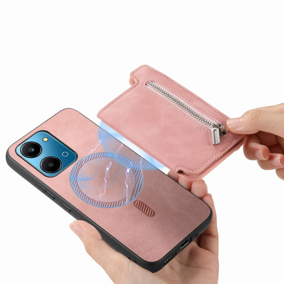 For Honor 90 Pro 5G Retro MagSafe Zipper Wallet Card Bag Back Phone Case(Pink)