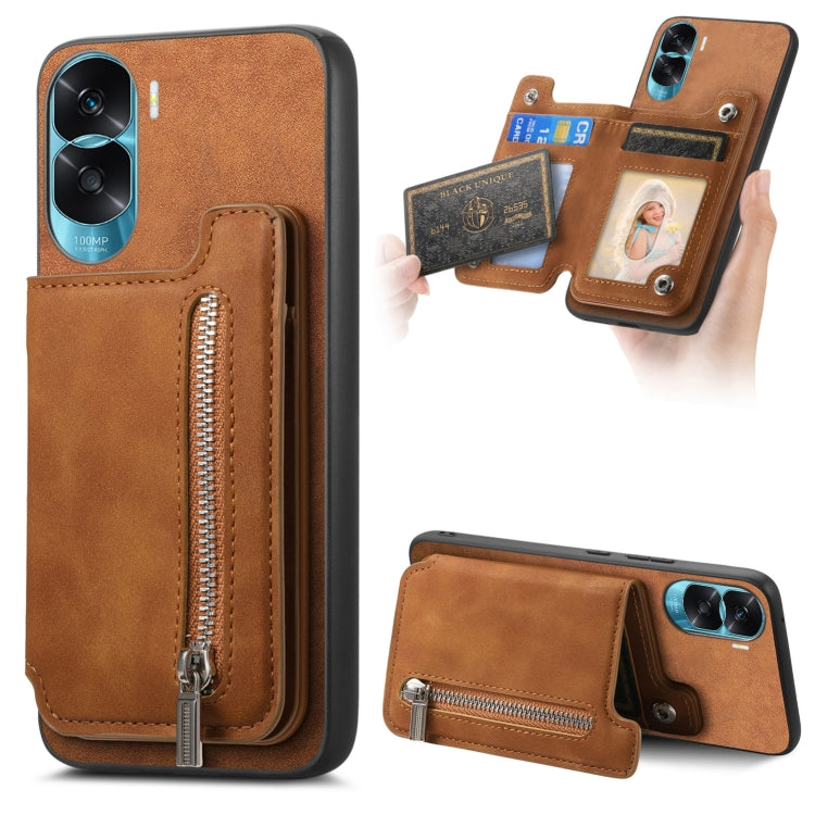 For Honor X50i Retro MagSafe Zipper Wallet Card Bag Back Phone Case(Brown)