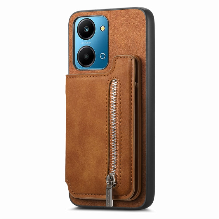 For Honor X7b / Play 8T 5G Retro MagSafe Zipper Wallet Card Bag Back Phone Case(Brown)