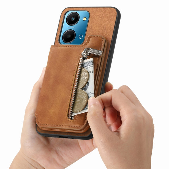 For Honor X7b / Play 8T 5G Retro MagSafe Zipper Wallet Card Bag Back Phone Case(Brown)