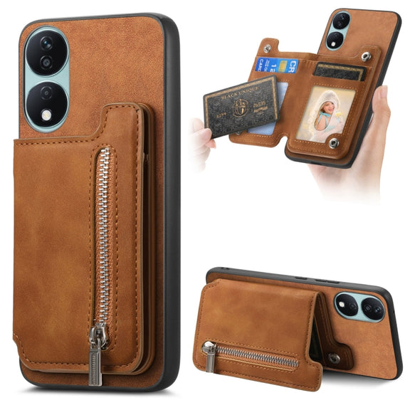 For Honor X7b / Play 8T 5G Retro MagSafe Zipper Wallet Card Bag Back Phone Case(Brown)