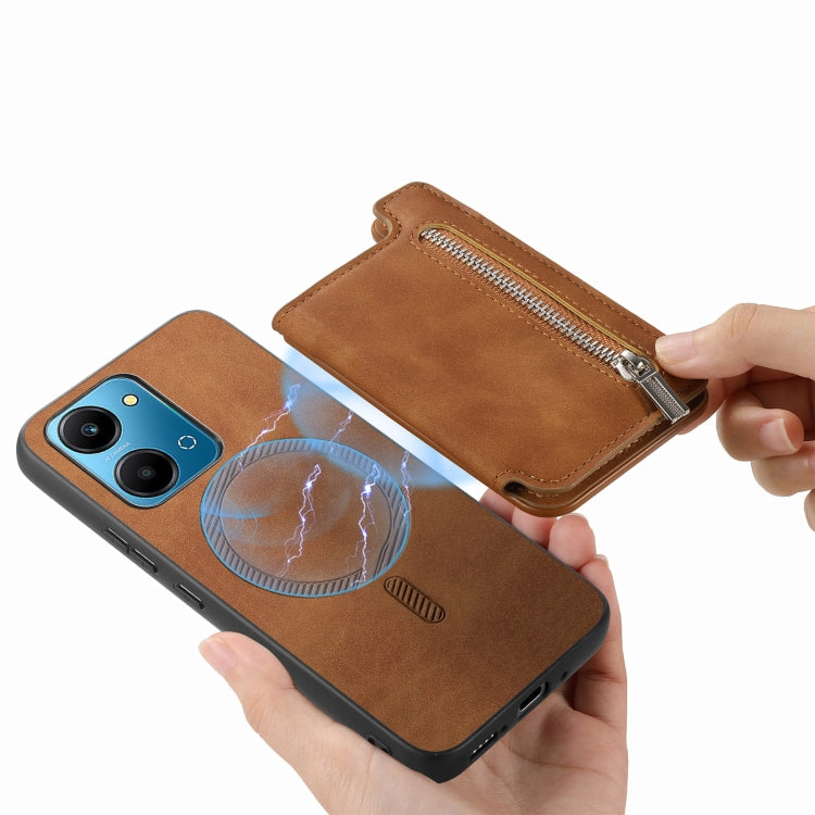 For Honor X7b / Play 8T 5G Retro MagSafe Zipper Wallet Card Bag Back Phone Case(Brown)