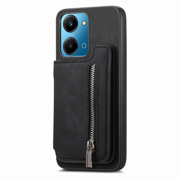 For Honor Play 7T / X7a Retro MagSafe Zipper Wallet Card Bag Back Phone Case(Black)
