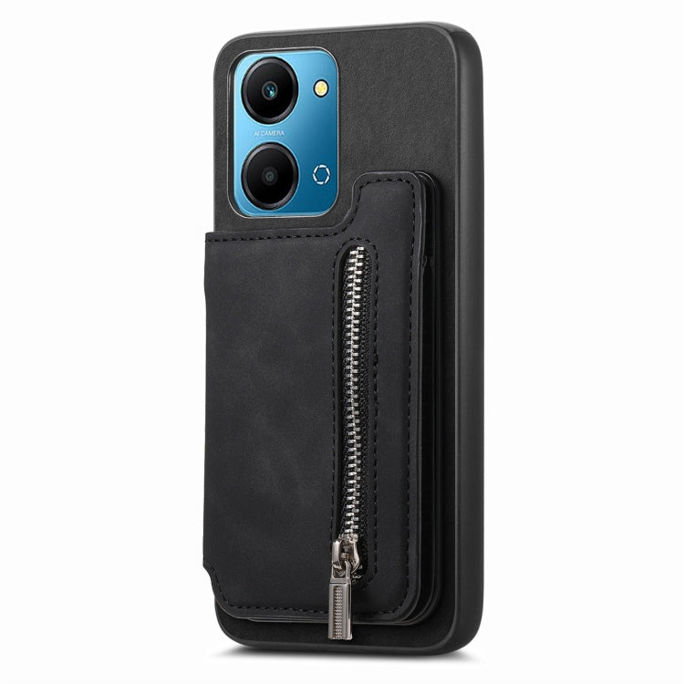 For Honor Play 7T / X7a Retro MagSafe Zipper Wallet Card Bag Back Phone Case(Black)