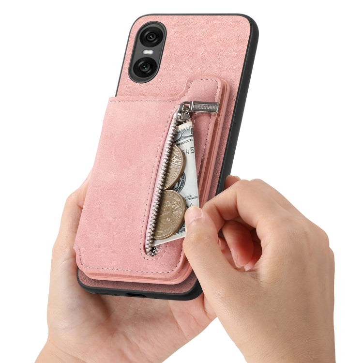 For Sony Xperia 5 V Retro MagSafe Zipper Wallet Card Bag Back Phone Case(Pink)