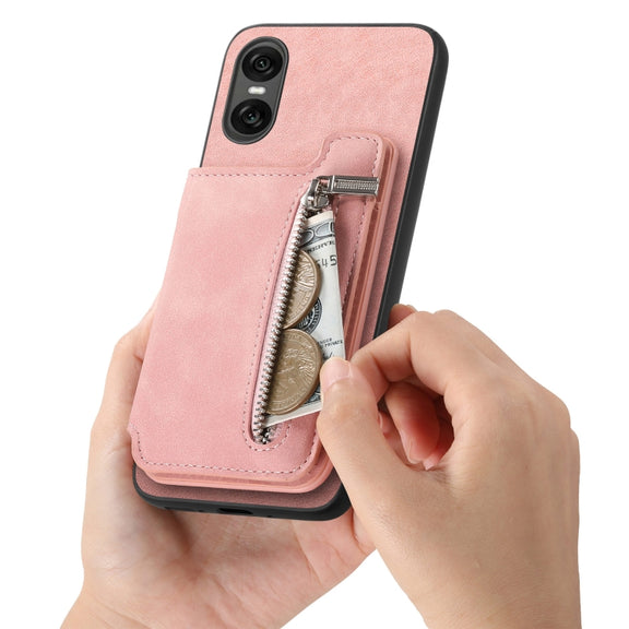 For Sony Xperia 1 V Retro MagSafe Zipper Wallet Card Bag Back Phone Case(Pink)