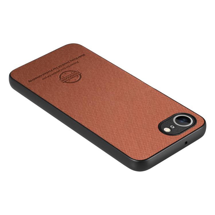 For iPhone 16e Twill Fabric Leather Skin Back Phone Case(Brown)