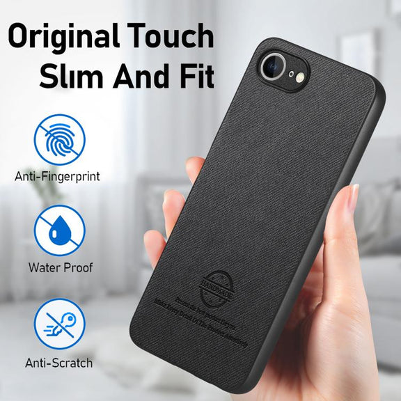 For iPhone 16e Twill Fabric Leather Skin Back Phone Case(Black)