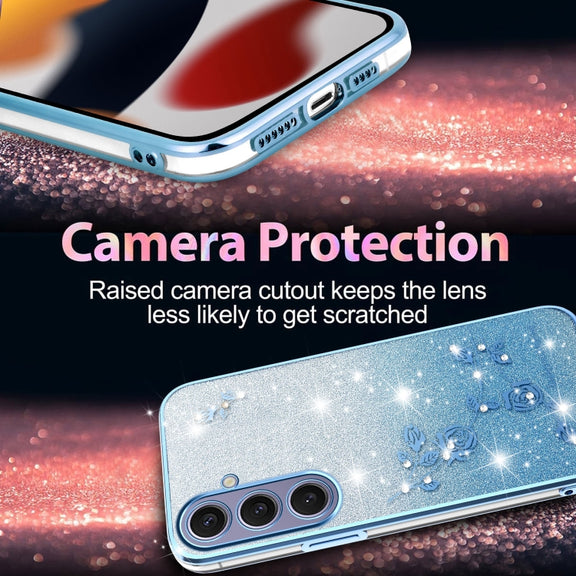 For Samsung Galaxy S25+ 5G Gradient Glitter Flower All-inclusive Phone Case(Blue)