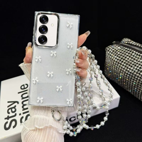 For Samsung Galaxy S25 5G Little Fresh Bow Neck Chain TPU Phone Case(White)