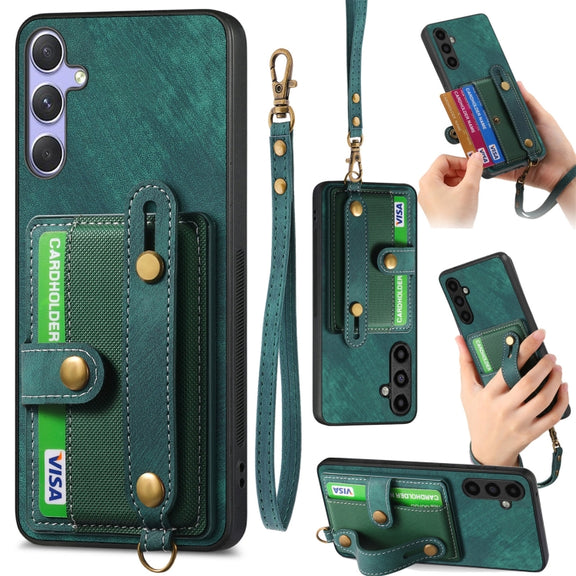 For Samsung Galaxy S25 5G Retro Cross Wristband Wallet Leather Back Phone Case(Green)