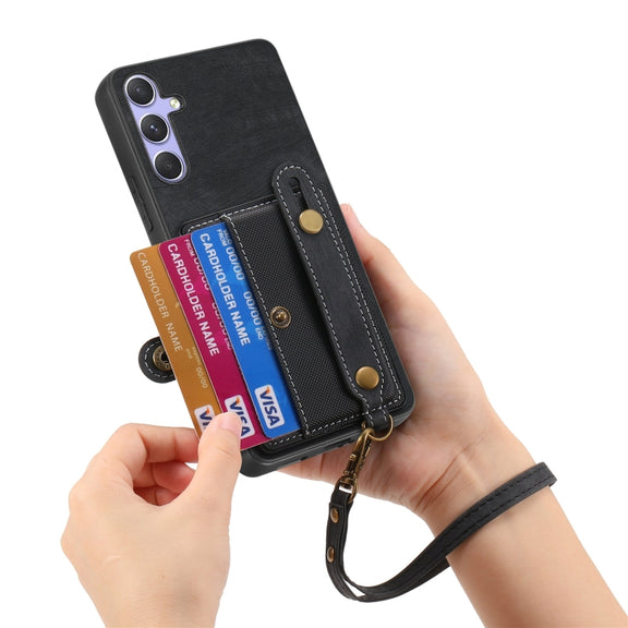 For Samsung Galaxy S25 5G Retro Cross Wristband Wallet Leather Back Phone Case(Black)