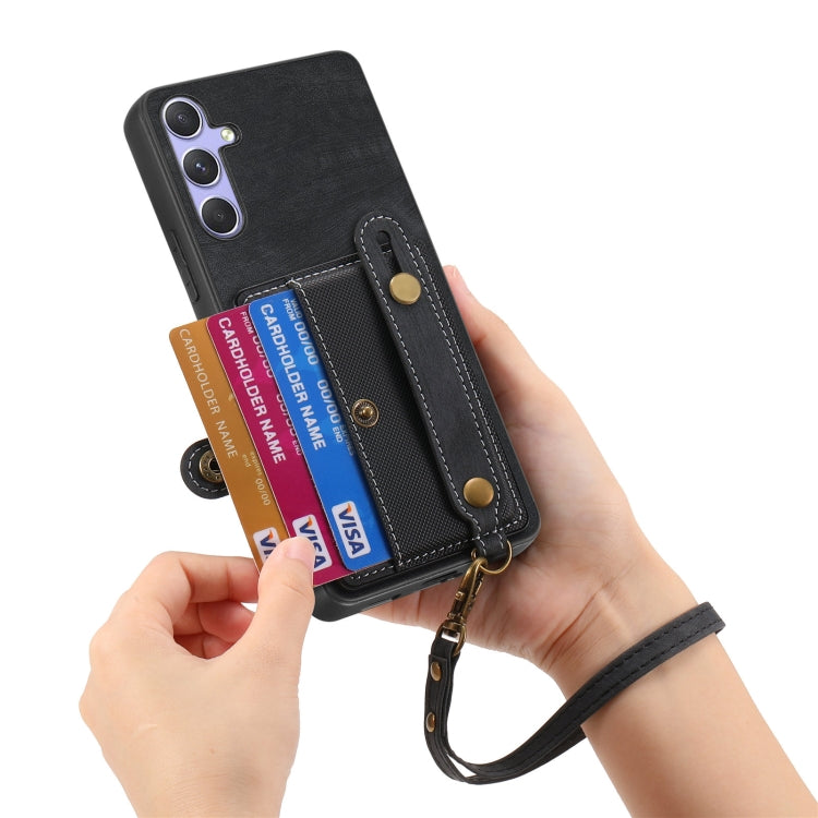 For Samsung Galaxy S25 5G Retro Cross Wristband Wallet Leather Back Phone Case(Black)