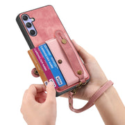 For Samsung Galaxy S25+ 5G Retro Cross Wristband Wallet Leather Back Phone Case(Pink)