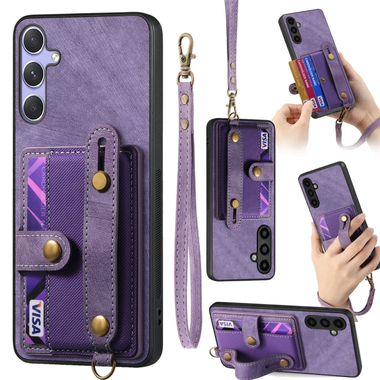 For Samsung Galaxy S25+ 5G Retro Cross Wristband Wallet Leather Back Phone Case(Purple)