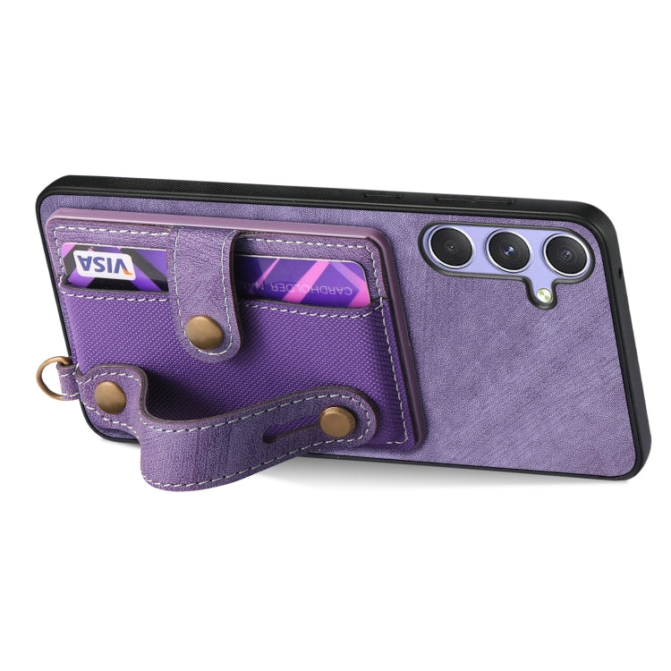 For Samsung Galaxy S25+ 5G Retro Cross Wristband Wallet Leather Back Phone Case(Purple)