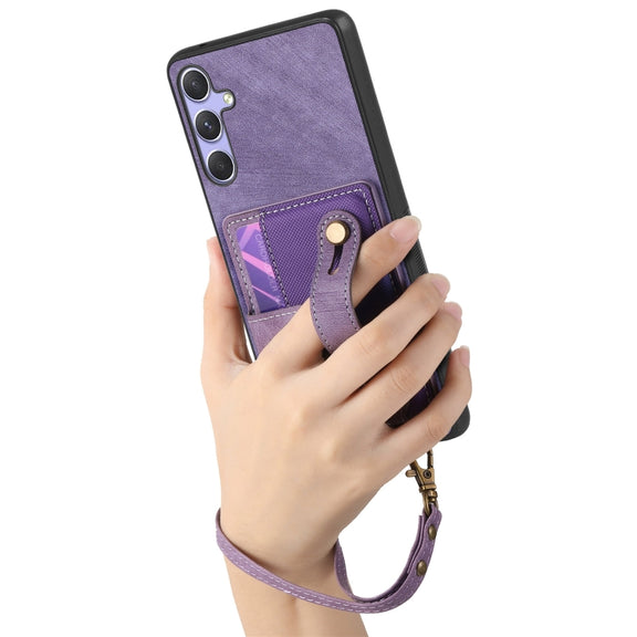 For Samsung Galaxy S25+ 5G Retro Cross Wristband Wallet Leather Back Phone Case(Purple)