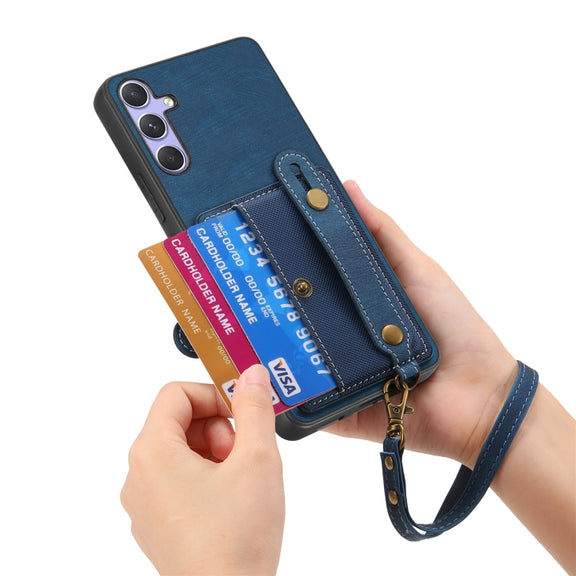 For Samsung Galaxy S25 Ultra 5G Retro Cross Wristband Wallet Leather Back Phone Case(Blue)