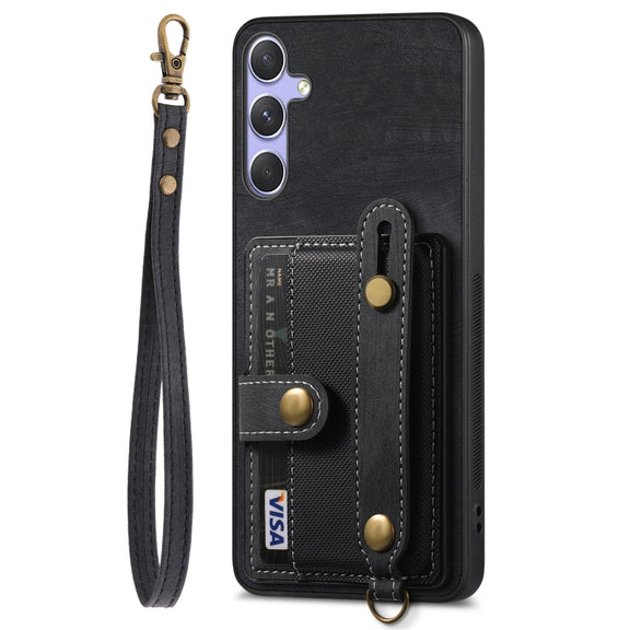 For Samsung Galaxy S25 Ultra 5G Retro Cross Wristband Wallet Leather Back Phone Case(Black)