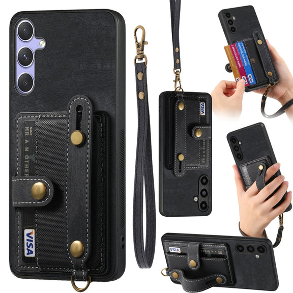 For Samsung Galaxy S25 Ultra 5G Retro Cross Wristband Wallet Leather Back Phone Case(Black)