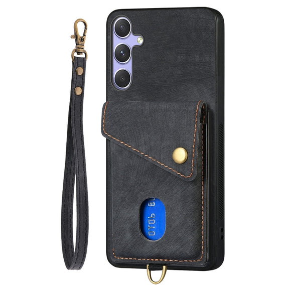 For Samsung Galaxy S25+ 5G Retro Card Wallet Fold Leather Phone Case with Strap(Black)