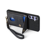 For Samsung Galaxy S25+ 5G Retro Card Wallet Fold Leather Phone Case with Strap(Black)