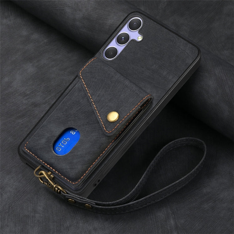 For Samsung Galaxy S25+ 5G Retro Card Wallet Fold Leather Phone Case with Strap(Black)