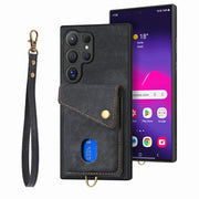 For Samsung Galaxy S25 Ultra 5G Retro Card Wallet Fold Leather Phone Case with Strap(Black)