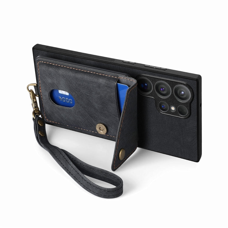 For Samsung Galaxy S25 Ultra 5G Retro Card Wallet Fold Leather Phone Case with Strap(Black)