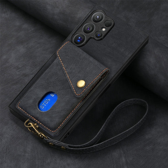 For Samsung Galaxy S25 Ultra 5G Retro Card Wallet Fold Leather Phone Case with Strap(Black)