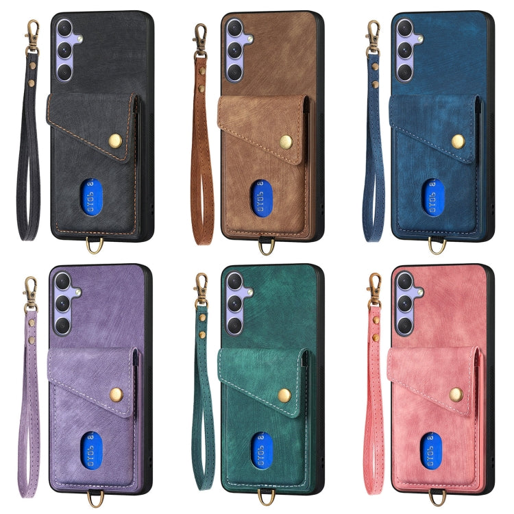 For Samsung Galaxy S25 Ultra 5G Retro Card Wallet Fold Leather Phone Case with Strap(Pink)