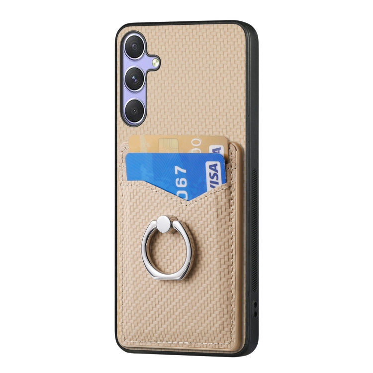 For Samsung Galaxy S25 5G Carbon Fiber Card Wallet Ring Phone Case(Khaki)