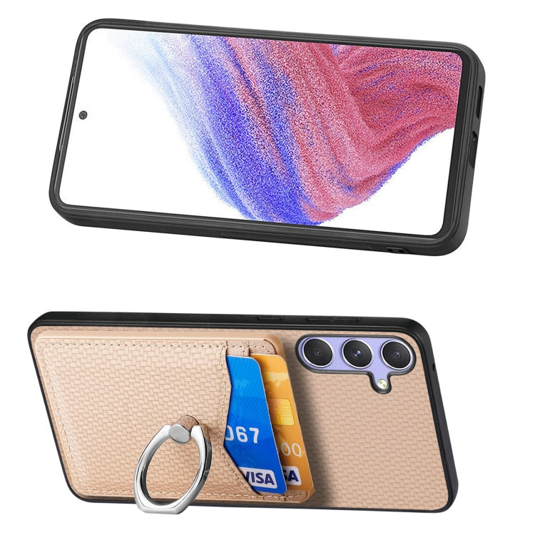 For Samsung Galaxy S25 5G Carbon Fiber Card Wallet Ring Phone Case(Khaki)
