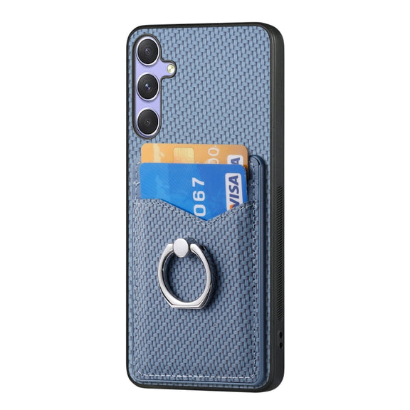 For Samsung Galaxy S25 5G Carbon Fiber Card Wallet Ring Phone Case(Blue)