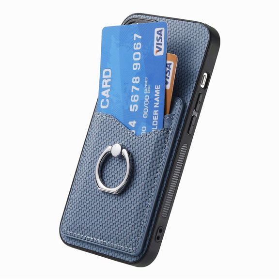 For Samsung Galaxy S25 5G Carbon Fiber Card Wallet Ring Phone Case(Blue)