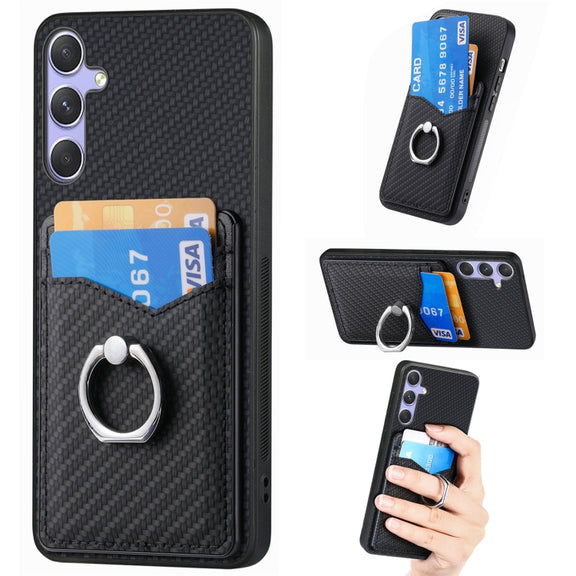 For Samsung Galaxy S25 Ultra 5G Carbon Fiber Card Wallet Ring Phone Case(Black)