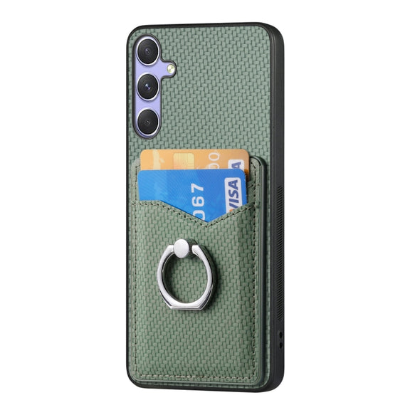 For Samsung Galaxy S25 Ultra 5G Carbon Fiber Card Wallet Ring Phone Case(Green)